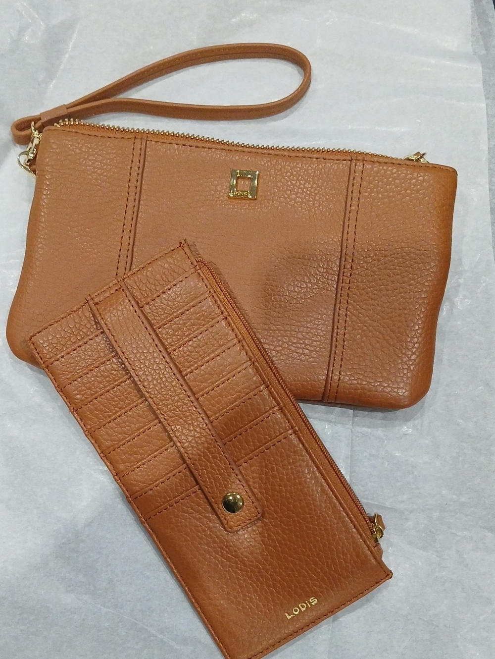 Lodis Cognac Pebbled Leather Wristlet and Card Wallet Set